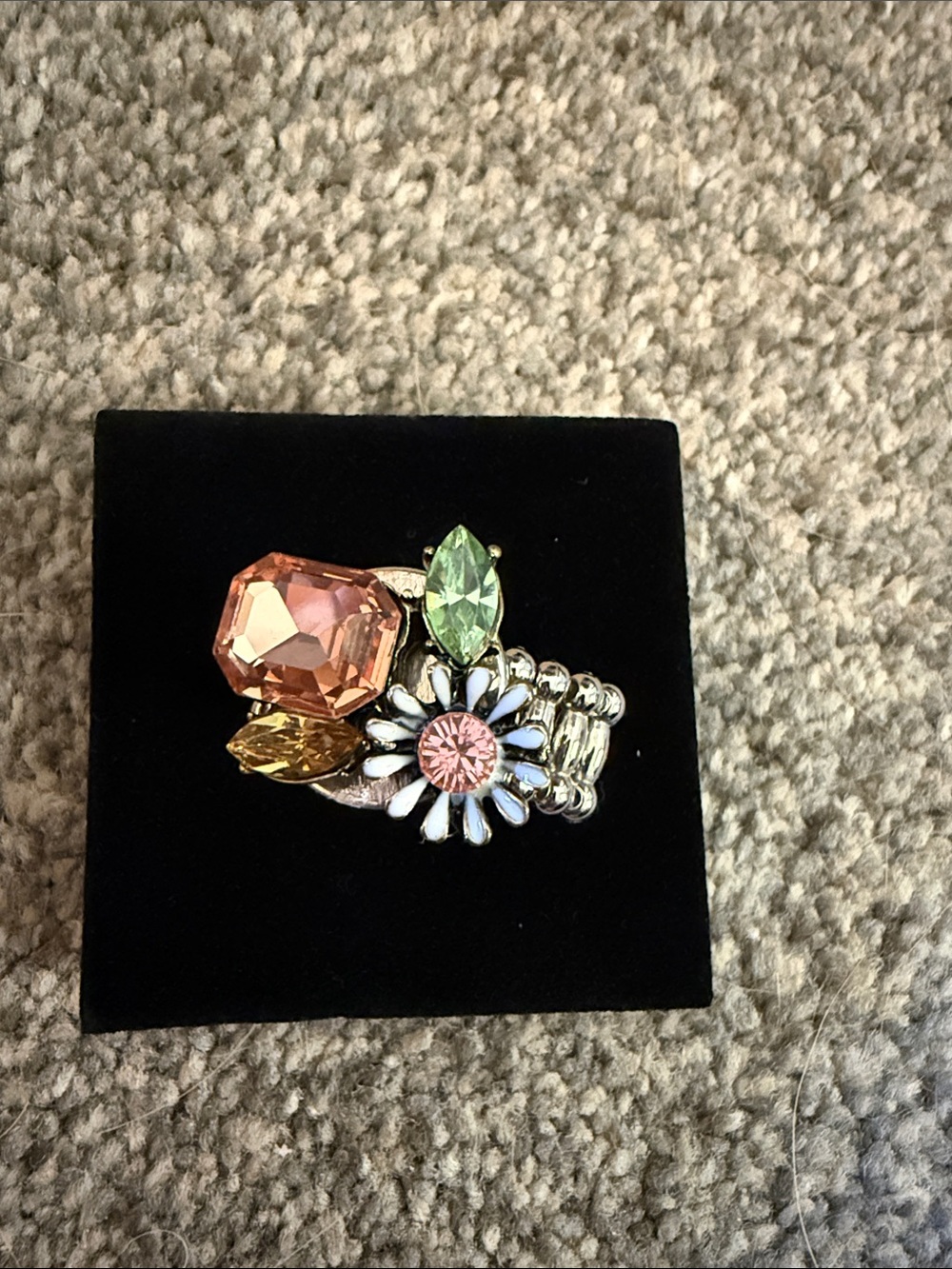 Multi-Color Crystal Floral Statement Ring - Pink, Green, Peach
